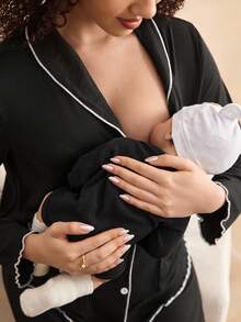 Moonlight&Mama 舒适波浪荷叶边黑色弹力简约翻领长袖上衣和裤子睡衣套装，适合秋季、秋冬季穿着的舒适孕妇睡衣套装 - 黑色 - 查看 4