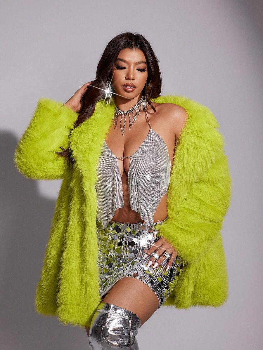 Allurite Áo khoác lông nhân tạo dài tay màu xanh huỳnh quang cỡ lớn thời trang dáng rộng, dài vừa phải, mùa đông - màu xanh lá - Xem 1