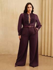 Anewsta Plus Size Women's Ruffled Collar Lace 3D Flower Blouse, Suitable For Christmas, New Year Party, Spring & Autumn - Purple - View 6
