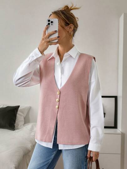EURMUSE Women Solid Color Front Button Sweater Vest