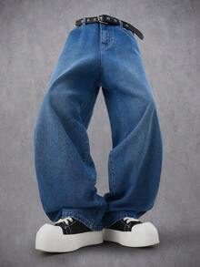 Manfinity Denimwave Autumn/Winter Streetwear Washed Blue Straight Loose Fit Embroidered Slogan Jeans Baggy Jeans Y2k