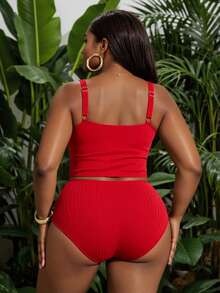 Slaydiva 2-Piece Plain Color Plus Size Tankini Set For Women Summer - Red - View 3