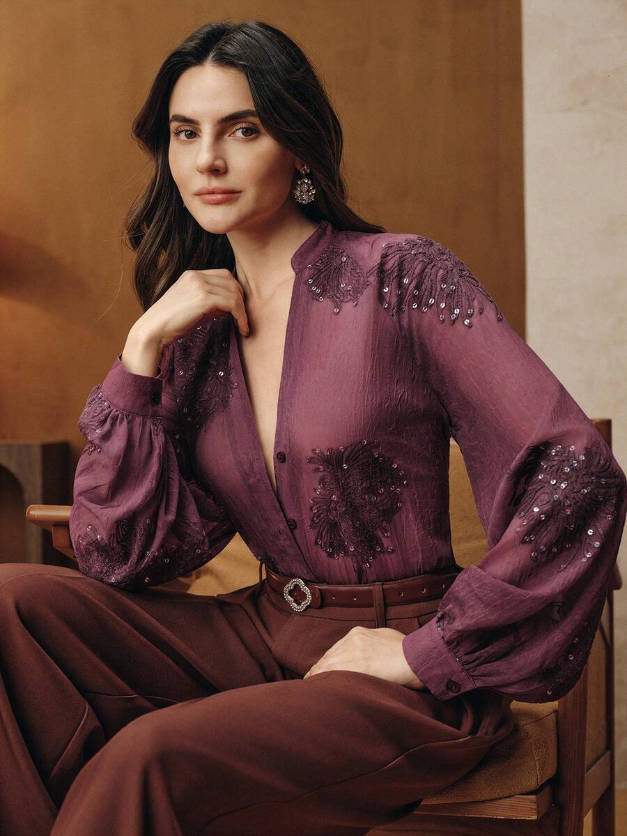 Anewsta Loose Semi-Sheer V-Neck Embroidered Long Sleeve Shirt With Colorful Sequin Detailing, Elegant Office Style For Women - Red Violet - View 1