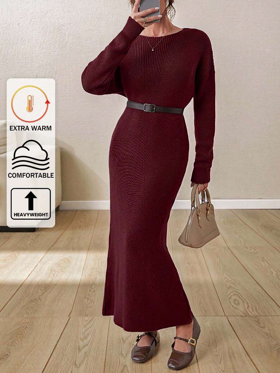 EURMUSE Boat Neck Ribbed Knit Midi Dress – Earthy Brown | Oversized Fit With Textured Stitch - Burgundy - View 1