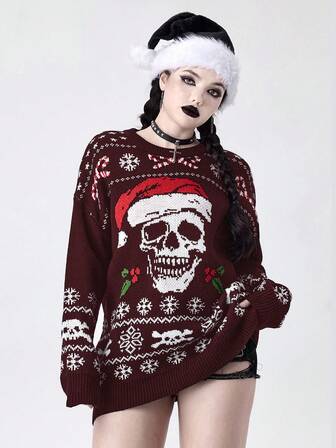 Goth Suéter holgado con estampado de calavera de Papá Noel en estilo gótico