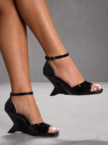 CUCCOO SZL Women's Square Toe Buckle Design Fashion Daily Wear Wedge Sandals For Christmas - Black - View 1