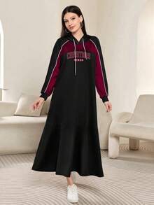 Modelyn 字母图案印花时尚连帽条纹插肩长袖女式超长连衣裙，春秋季 - 彩色 - 查看 1