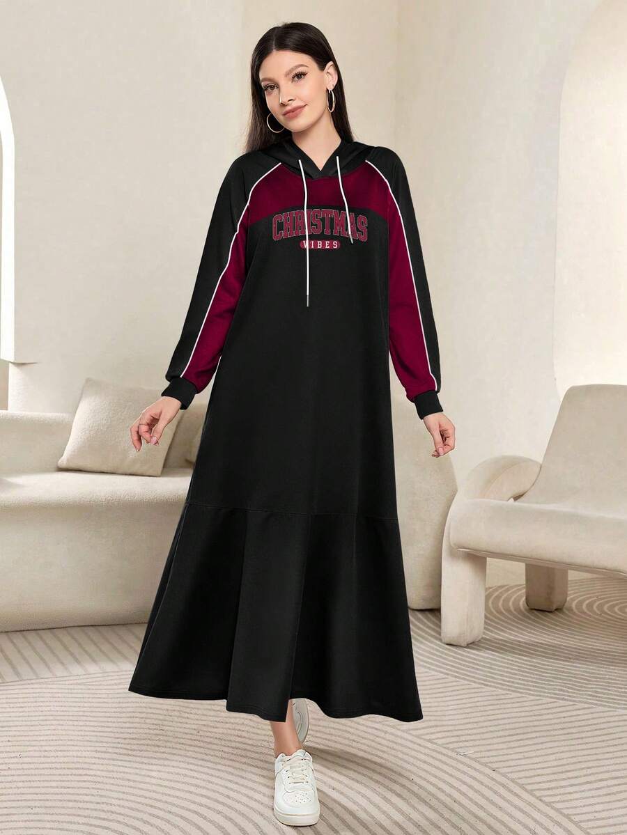 Modelyn 字母图案印花时尚连帽条纹插肩长袖女式超长连衣裙，春秋季 - 彩色 - 查看 1