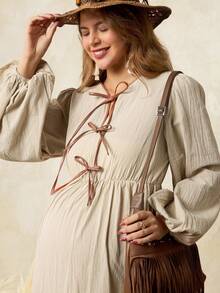 Boho Mama 孕婦秋季波希米亞風洋裝，假日休閒長袖前綁帶燈籠袖米色農民風棉麻鄉村風波希米亞風 - 卡其色 - 查看 3