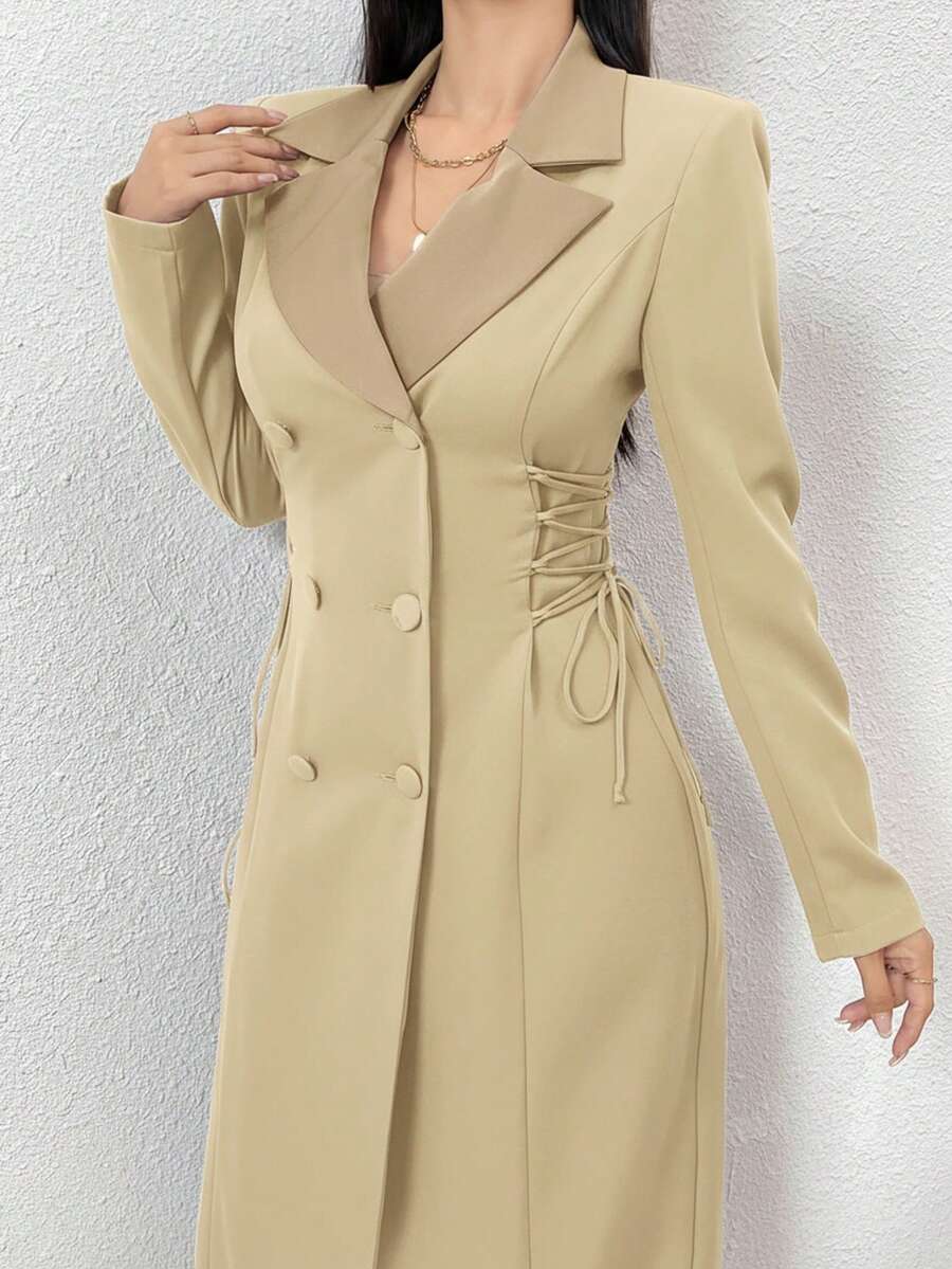 Modelyn Women's Elegant Commuter Lapel Neck Double-Breasted Side Tie Jacket, Autumn - Khaki - View 1
