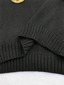 SHEIN 宽松圆领休闲泰迪熊图案长袖黑色毛衣，保暖舒适，时尚街头风，宽松版型，印花T恤，适合青少年女孩，休闲百搭，返校季、运动、大学、复古风 - 黑色 - 查看 8