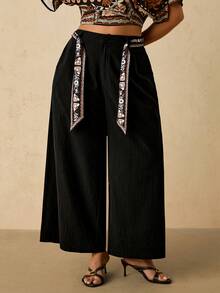 Travachic بنطلون فضفاض بخصر واسع للنساء البدينات، بنطلون فريد مخصص ذو ساق واسعة مع جيوب، بنطلون قطني مريح للنساء في فصل الخريف/الشتاء، فستان أسود - الأسود - مشاهدة 6