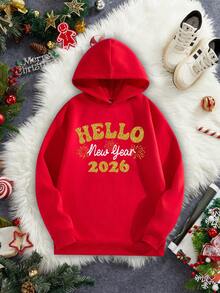 Manfinity Homme 男士复古新年2026“新年快乐”仿箔印花修身套头连帽衫，保暖内衬情侣款，长袖上衣 - 紅色 - 查看 6