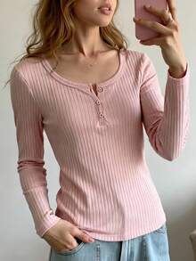 SHEIN Teen Girl Black & Pink Ribbed Texture Tight Fitted Casual Crew Neck Long Sleeve T-Shirt - Pink - View 4