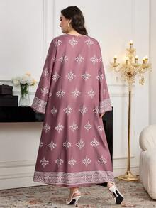 Al Najma Váy dài tay cổ chữ V in họa tiết tối giản phong cách Ả Rập cỡ lớn dành cho nữ - Bụi hồng - Xem 2