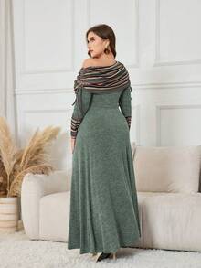 Lacomfia Plus Size Women Oblique Shoulder Long Sleeve Colorful Striped Patchwork Ruched Waist A-Line Dress