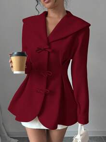 Elenzga Áo khoác ngoài tay dài xếp ly trang trí nơ màu trơn thanh lịch cho nữ, mùa thu/đông - Gỗ đỏ - Xem 4