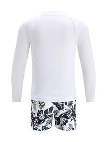 SHEIN 2pcs Tween Boy Casual Vacation Pattern Long Sleeve Swimsuit And Swim Trunks Set - Multicolor - View 4