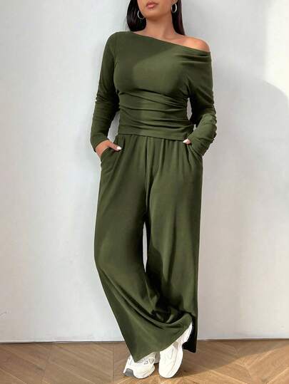 Solflare 2pcs/Set Olive Green Long Sleeve T-Shirt And Pants, Knit Slim Fit Plus Size Women's Suit Long Sleeve Two Piece Set Modest Two Piece Set Two Piece Set Women Comfy Comfortable Two Piece Set Green Two Piece Set Autumn/Winter,Christmas,New Year,Thanksgiving,Party,Wedding,Beach,Graduati,Chic,Elegant,Casual,Going Out,Date,Appointment,Commute