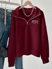 Rina Fox 女士宽松半拉链字母印花卫衣，带保暖内衬 - 酒紅色 - 查看 4