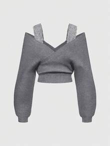 ROMWE Kawaii 1 Set Women Shoulder Strap V-Neck Lace Strap Loose Wide-Leg Pants Comfortable Home Sweater Two Pieces Set