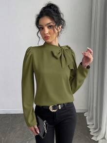 Rafferiza 女式纯色优雅百搭系带领泡泡袖衬衫 - 軍綠色 - 查看 5