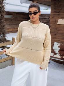 SHEIN EZwear Plus Solid Spring Ribbed Knit Sweater, For Winter - Apricot - View 7