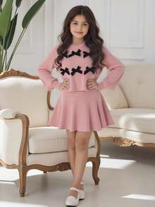 Tween Girl Pink Loose Puff Sleeve Top And Skirt Set, Fashionable For Back To School Wear In Autumn/Winter