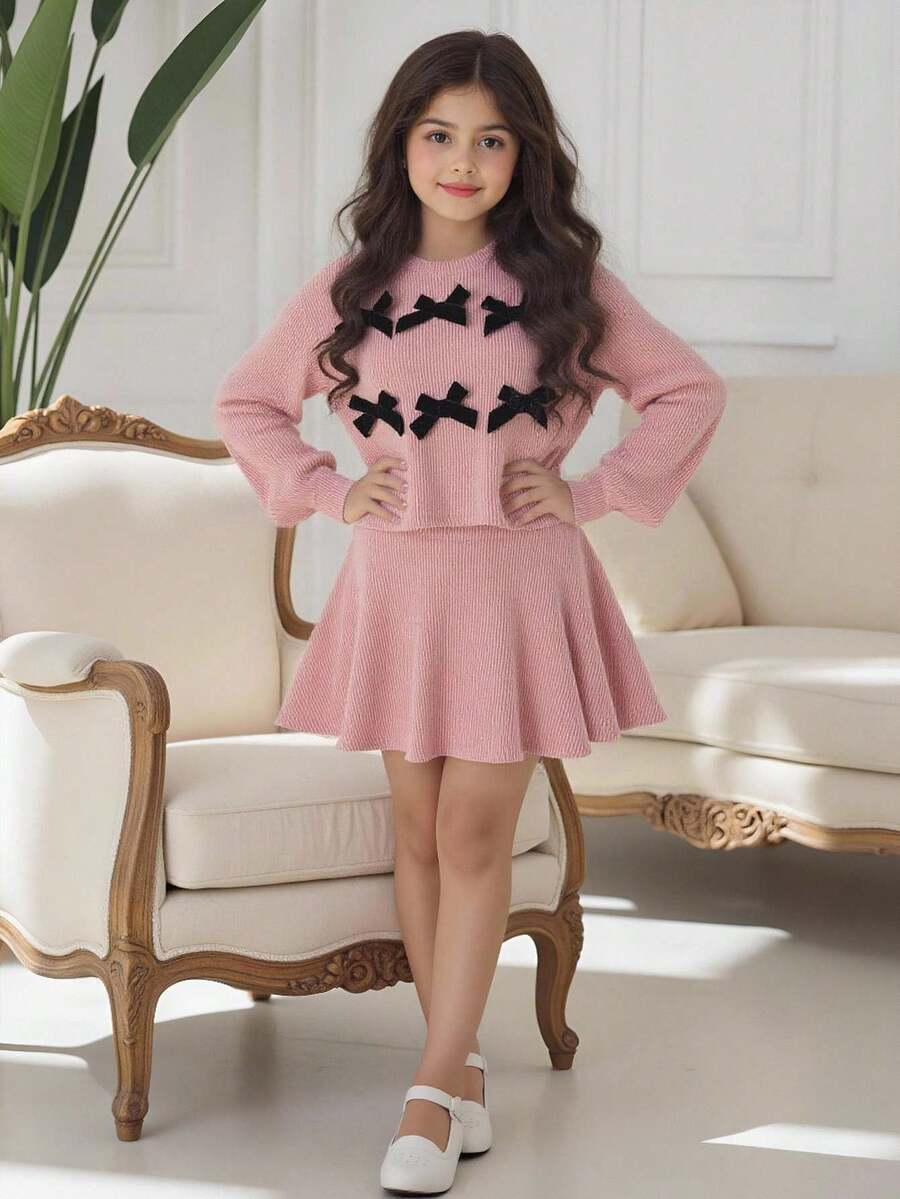 Tween Girl Pink Loose Puff Sleeve Top And Skirt Set, Fashionable For Back To School Wear In Autumn/Winter