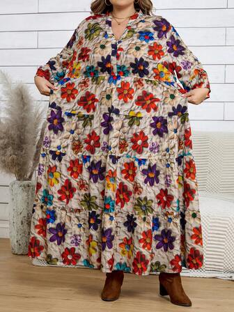 SHEIN CURVE+ Plusstorlek Casual Enkel Elegant Casual Retro Blommönster Dam Lång V-ringad Plisserad Långärmad Lös Klänning Lämplig För Vår Och Sommar Plusstorleksklänning Lämplig För Höst Och Vinter/2026/Nyår