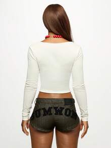 SUMWON WOMEN Olive Denim Booty Shorts With Back Text Print Festival Summer Jean Shorts For Women Mid Rise - Light Grey - View 2