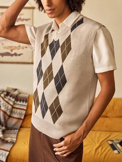 Open Phase Men's Diamond Pattern Colorblock Knitted Sleeveless Sweater Vest, Casual V-Neck Undershirt For Daily Wear, Outdoor Activities And Festivals, For Fall Spring To Summer