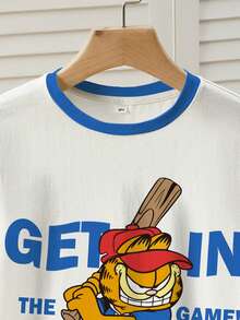 GARFIELD | SHEIN Tween Boy Casual Colorblock Cat Print Round Neck Short Sleeve T-Shirt, Summer - White - View 3