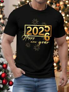Manfinity Homme 2026新年庆祝金属金色时尚休闲印花男士标准版型短袖T恤，温馨家庭氛围亲子/情侣装 - 黑色 - 查看 2