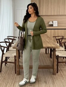 EMERY ROSE Plus Size Solid Color Jacket And Striped Tank Top With Pants 2 Pieces Set - Army Green - View 6