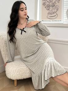 SHEIN Plus Size Comfortable Knit Nightgown With Bow Decor Collar And Ruffle Hem, Winter - Khaki - View 4