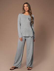 Lazeform 两件套女士休闲简约爱心印花柔软透气罗纹针织睡衣套装