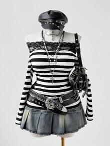 Sunspun Áo thun dài tay hở vai họa tiết kẻ sọc, họa tiết ren vá cỡ lớn dành cho nữ, thời trang thu/đông - Đen và trắng - Xem 1