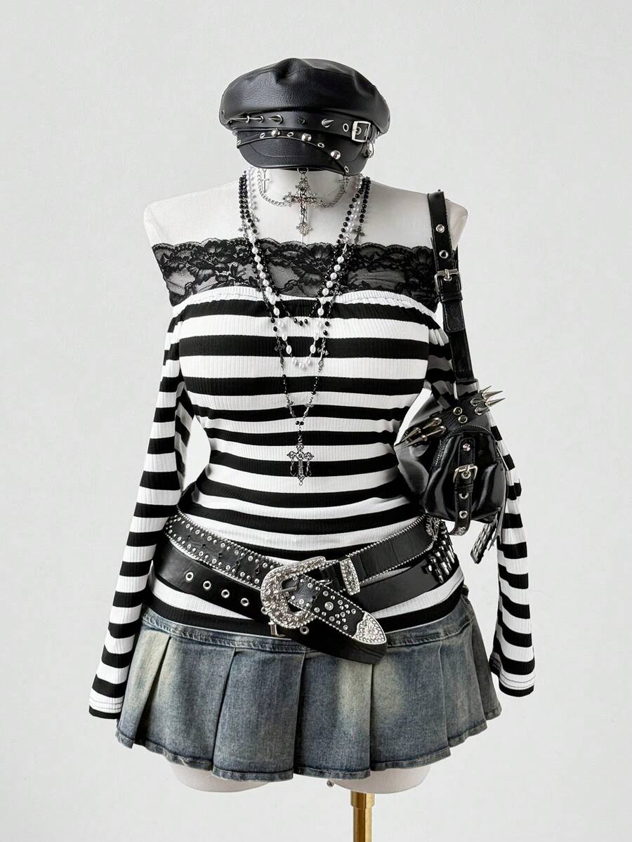 Sunspun Áo thun dài tay hở vai họa tiết kẻ sọc, họa tiết ren vá cỡ lớn dành cho nữ, thời trang thu/đông - Đen và trắng - Xem 1