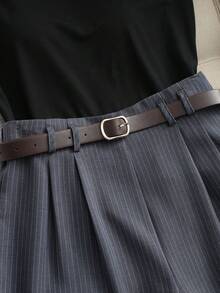 Franclia Everyday Versatile Casual Chic Commuter Belted Gray Vertical Striped Women's Shorts Wide-Leg Trousers For Spring And Autumn, Women's Casual Shorts, Simple Basic Casual Commuter Shorts, Women's Formal Trousers Shorts, Women's Shorts. - Grey - View 4