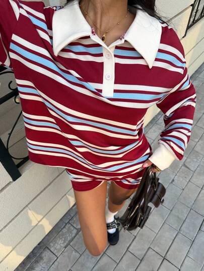 Siren Gaze Red Long Sleeve Striped Polo Shirt And Shorts Set, Women's Casual 2-Piece Striped Outfit, Red Top, Spring Break Outfits , Valentines Day, Holiday Outfits For Women, Y2k Clothes, Casual Set