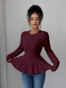 Elenzga Suéter elegante de mujer de cuello redondo ajustado, corte evasé, manga larga, unicolor, otoño - Burdeos - Ver 5