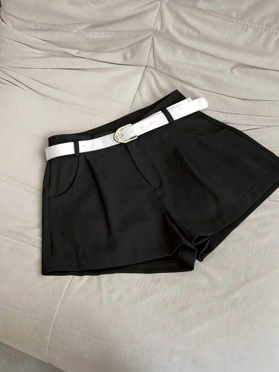 Airaco Pantaloni scurți casual de culoare solidă pentru femei, versatili pentru naveta, vară - Negru - Vizualizare 1