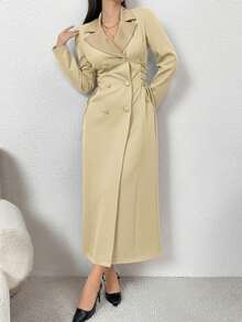 Modelyn Women's Elegant Commuter Lapel Neck Double-Breasted Side Tie Jacket, Autumn - Khaki - View 6