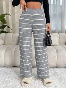 Chiquease Casual Ribbed Pattern Ribbed Waistband Knit Pants - Grey - View 5