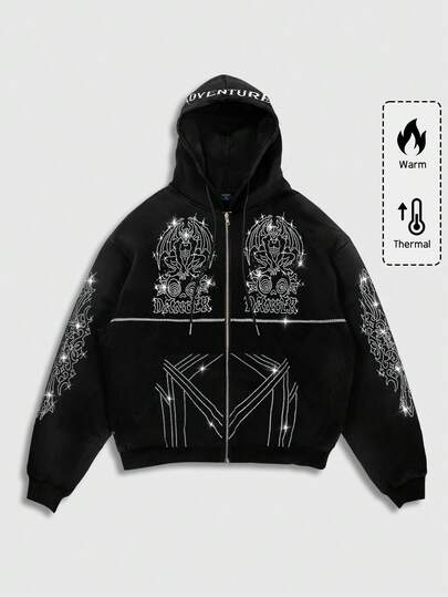 Men's Casual Faux Rhinestone Print Hoodie Sweatshirt, Autumn