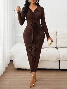SHEIN Lady Đầm dài tay nhún bèo cổ chữ V họa tiết hoa 3D phong cách Âu Mỹ dành cho nữ - màu nâu - Xem 10