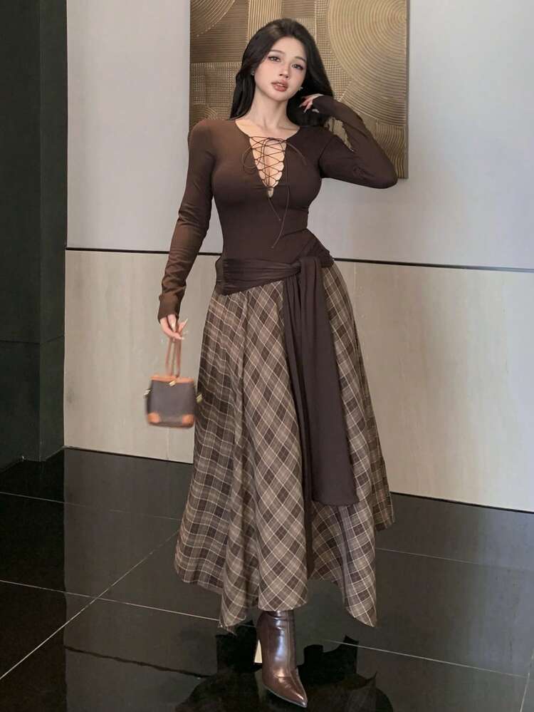 Fashionable Brown Plaid Color Block Splice Business Casual Street Lightweight Outdoor Design Side Seam Lace-Up T-Shirt With Flared A-Line Skirt Two Pieces Set, Elegant For New Year & Christmas, Deep V-Neck Hollow Out Design For Women
