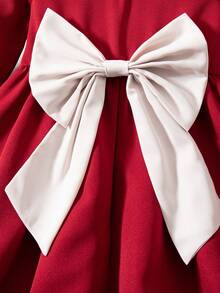 Glamorique Kids 1pc Girls Autumn New Round Neck Flutter Sleeve Ruffle Hem Long Sleeve Red Solid Color Fabric Spliced Apricot Waist Apricot Bow Splice Back Water Drop Big Bow Decor Party Birthday Christmas Valentine Princess Dress