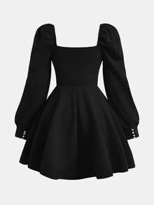 SHEIN Girlism Váy đen/Đan/Mùa đông/Elega Ant/Dự tiệc/Tay áo hình lồng đèn/Khóa ngọc trai/Váy ngắn cho bé gái tuổi teen - màu đen - Xem 2